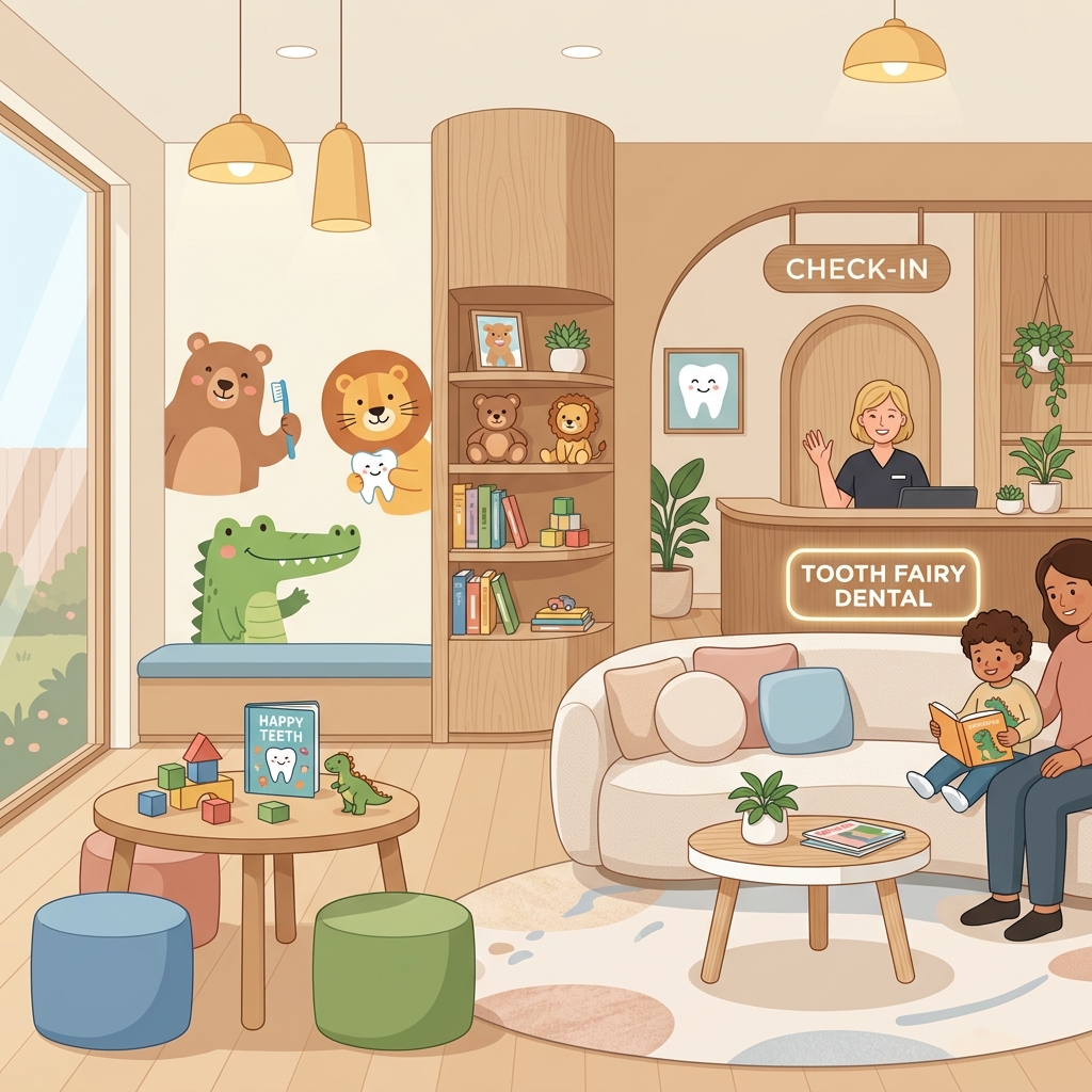 Warm and cozy kids waiting lounge with toys and books