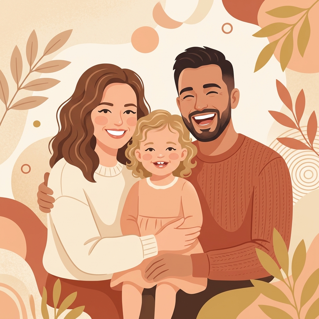 Happy family laughing and smiling together in warm beige tones